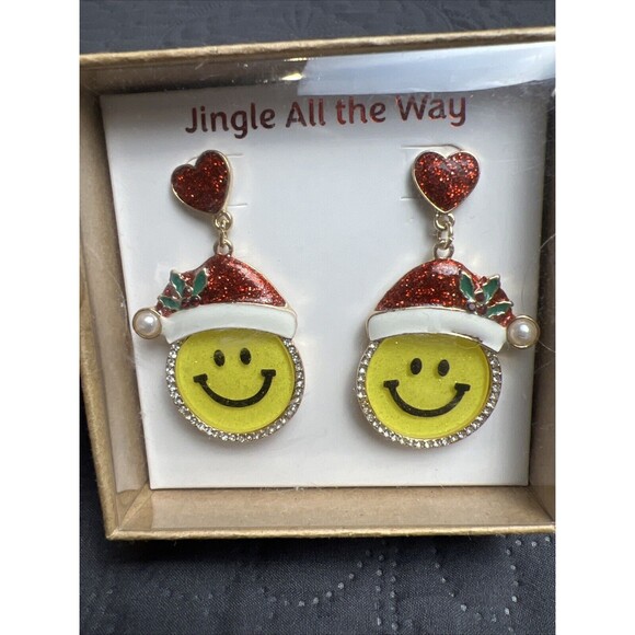 SMILEY FACE Happy Face Earrings Christmas HOLIDAY Pierced SANTA HAT Chic Gifting - Picture 2 of 8